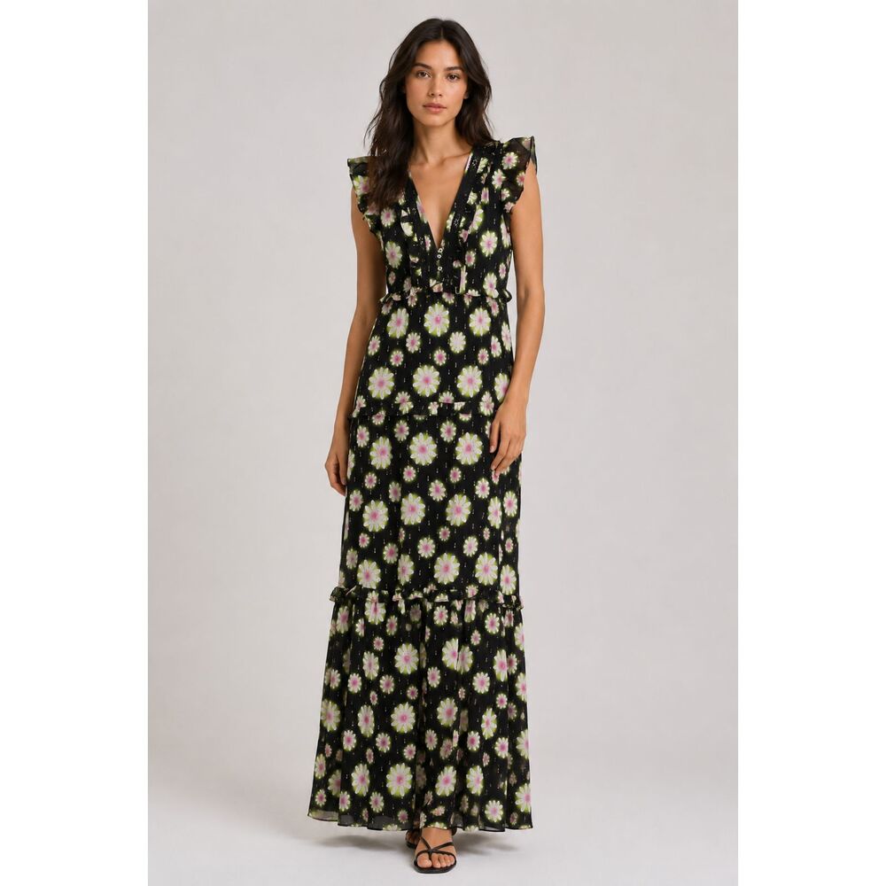 NICOLE MILLER Hazy Daisy Ruffle Maxi Dress Small NEW NWT